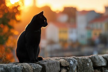 Black cat sitting on stone fence against colorful sunset sky