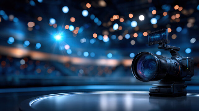 Professional camera positioned on sleek platform, surrounded by vibrant array of blue and orange lights in studio setting, creating atmosphere of excitement and anticipation