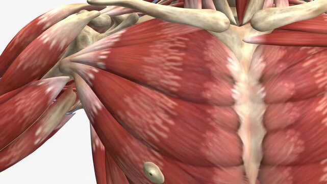 Human pectoral muscles anatomy, 3D render, medical illustration, white background