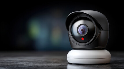 Sleek black security camera with round lens and red indicator light sits smooth surface, showcasing modern technology minimalistic design. dark background enhances its features, creating cinematic