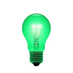 A vibrant green incandescent light bulb glows brightly against a stark black backdrop, highlighting its warm interior filament.