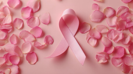 Pink ribbon surrounded by rose petals on a soft pink background symbolizes breast cancer awareness and hope for a cure