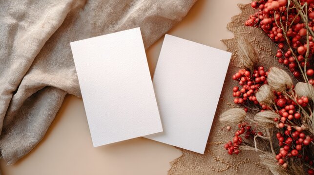 Fototapeta two blank white us letter size card placed on a beige table the cards are leaning on a boho embroidery linen on the side are christmas vibe decorations that doe