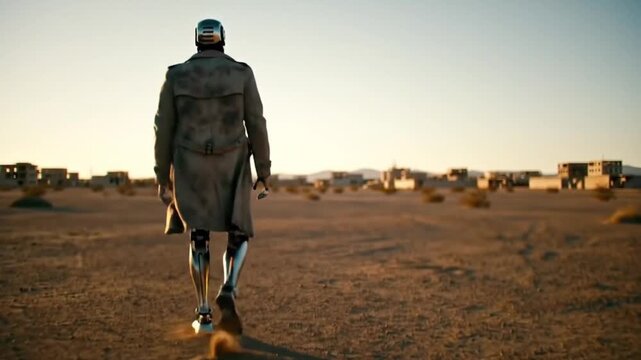 Futuristic cyborg walks through desolate desert town, a lone figure in a dystopian world searching for meaning and purpose in the arid landscape