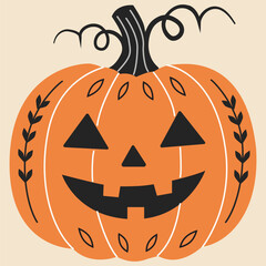  Cartoon pumpkin decorated with autumn leaves pattern. Halloween character.