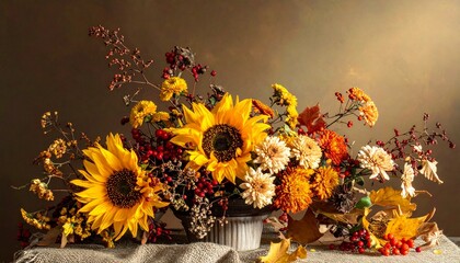 Autumn floral arrangements (sunflowers, chrysanthemums, dried flowers).

