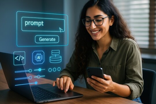Creative ai prompt generation by a smiling woman using laptop and smartphone in a modern office setting