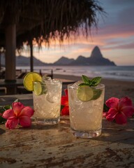 Mojito Cocktails on a Beach Bar Table Overlooking Sugarloaf Mountain at Sunset, Rio de Janeiro
