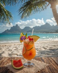 Punch with Exotic Fruit Garnish on a Wooden Table at a Stunning Island Beach