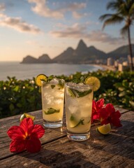 Caipirinhas with Mint and Lime Overlooking Ipanema Beach and Two Brothers Mountain at Sunset