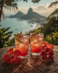Two Tropical Cocktails with Lime and Mint on a Terrace Overlooking Sugarloaf Mountain and Rio de Janeiro at Sunset