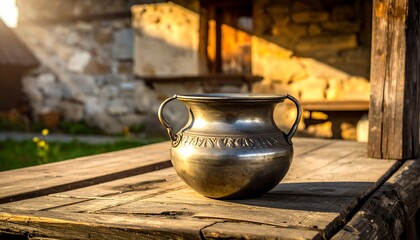 Metal pot on a wooden table with a stone house in the blurred background