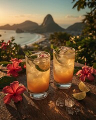 Two Tropical Cocktails with Lime and Mint on a Terrace Overlooking Sugarloaf Mountain and Rio de Janeiro at Sunset