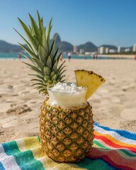 Piña Colada Cocktail Served in a Whole Pineapple on Ipanema Beach, Rio de Janeiro, with Two Brothers Mountain in Background