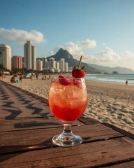 Drink on a Wooden Boardwalk with Urban Beach and Mountain View Background in rio de janeiro