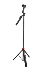 An extended smartphone tripod and selfie stick combo, standing tall on a white back