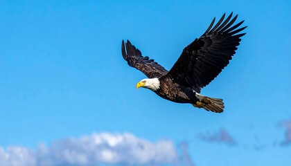 Bald eagle soars through a clear blue sky with scattered white clouds below