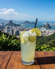 Iced Lime Drink on a Wooden Table Overlooking Rio de Janeiro, Brazil, with Sugarloaf Mountain