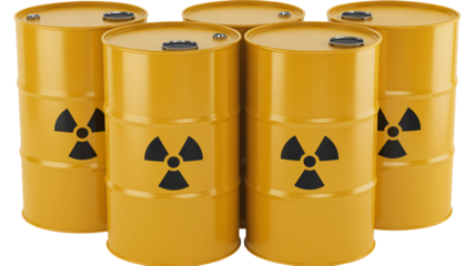 Radioactive waste barrels storing nuclear material, symbolizing environmental risks