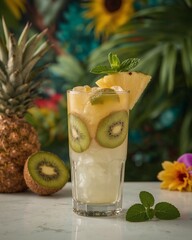Mojito Served in a Highball Glass on a Marble Surface with Ice and Tropical Background