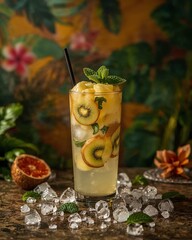 Mojito Served in a Highball Glass on a Marble Surface with Ice and Tropical Background
