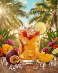 Tea with Fruit Chunks and Berries, Surrounded by Passion Fruit and Limes in a Lush Setting