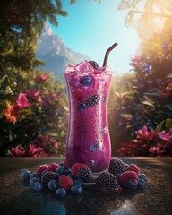 Iced Cocktail with Fresh Berries in an Exotic Tropical Garden