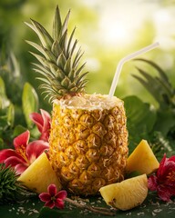 Summer Vacation Drink. Cold Pineapple Smoothie or Cocktail in Jungle/Outdoor Setting with Sunbeam