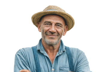 Caucasian mature male farmer smiling wearing straw hat and denim shirt, cut out
