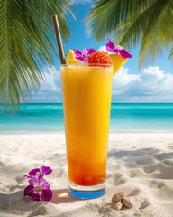 Summer Vacation Drink. Refreshing Orange and Red Cocktail on Sand with Palm Trees