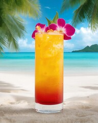 Summer Vacation Drink. Refreshing Orange and Red Cocktail on Sand with Palm Trees