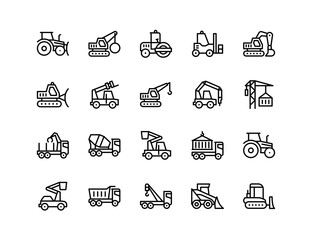 Heavy Equipment Vector Icon Set | Adjustable Line Weight | Excavator, bulldozer, crane, roller, forklift, loader, tractor, mixer truck, dump truck, lifter, digger, machine