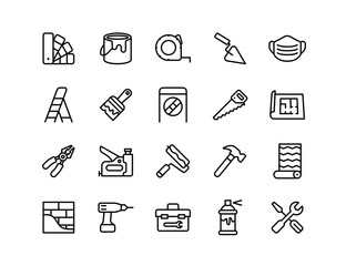 Home Renovation Vector Icon Set | Adjustable Line Weight | Paint, tools, ladder, drill, hammer, tape measure, blueprint, brush, toolbox, saw, pliers, safety mask