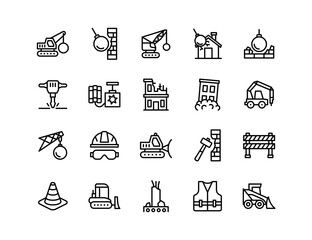 Demolition Vector Icon Set | Adjustable Line Weight | Wrecking ball, dynamite, jackhammer, crumbling building, drill, debris, blasting, hammer, barrier, vest, helmet, loader