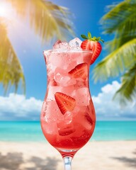 strawberry drink with strawberries and ice cubes in a beach