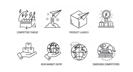 A collection of eight line art icons depicting business scenarios like competitive threat, product launch, new market entry, and emerging competitors isolated on transparent background