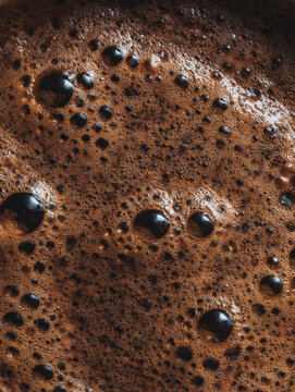 Dark and rich coffee brewing with thick foam bubbles on the surface in a cozy kitchen atmosphere during morning hours