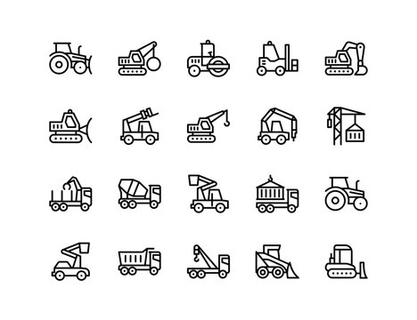 Heavy Equipment Vector Icon Set | Adjustable Line Weight | Excavator, bulldozer, crane, roller, forklift, loader, tractor, mixer truck, dump truck, lifter, digger, machine