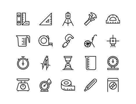 Measuring Vector Icon Set | Adjustable Line Weight | Ruler, scale, stopwatch, caliper, thermometer, gauge, level, micrometer, measuring cup, tape, compass, protractor, timer