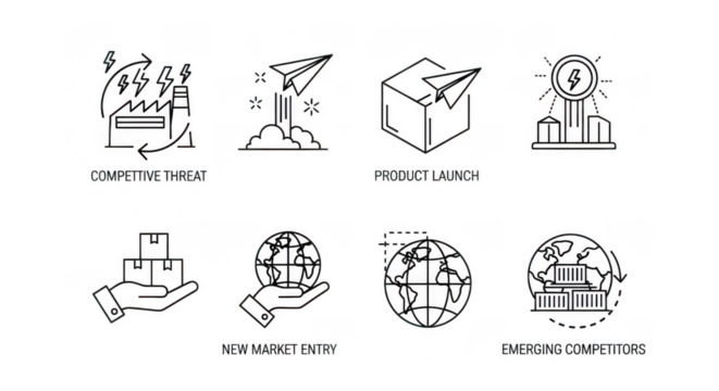 A collection of eight line art icons depicting business scenarios like competitive threat, product launch, new market entry, and emerging competitors isolated on transparent background