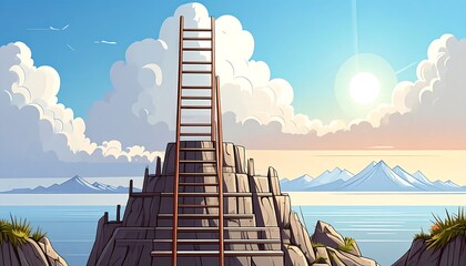Two ladders reaching a mountain peak