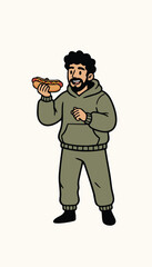 Cartoon man in sweats eating a hotdog shown on a cream background
