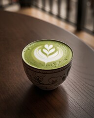 Matcha latte with milk foam art on wooden table – green tea beverage