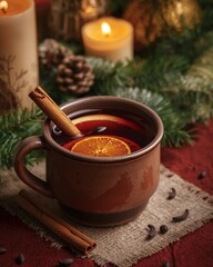 Warm mulled wine with orange slices and cinnamon stick – cozy winter drink