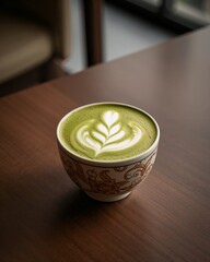 Matcha latte with milk foam art on wooden table – green tea beverage