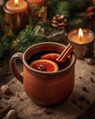 Warm mulled wine with orange slices and cinnamon stick – cozy winter drink