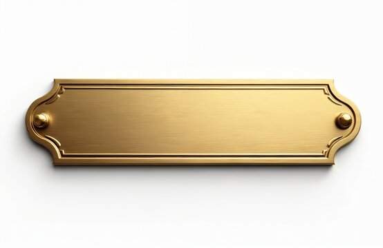 Rectangular gold metal nameplate with decorative border, rivets, isolated on clean white background. Features brushed metallic texture, perfect for custom engraving with text for business, office,