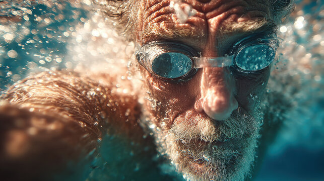 Senior man swimming underwater in a clear pool while wearing goggles and enjoying an active lifestyle