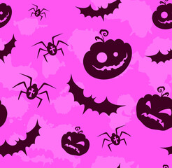 cute Halloween seamless pattern, abstract pumpkin texture textile with spider and bat 
