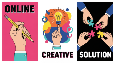 A triptych of illustrations showing hands engaged in online writing, a lightbulb idea, and assembling puzzle pieces for a creative solution isolated on transparent background